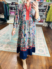 Floral tiered maxi dress with red yoke and navy ruffled hem