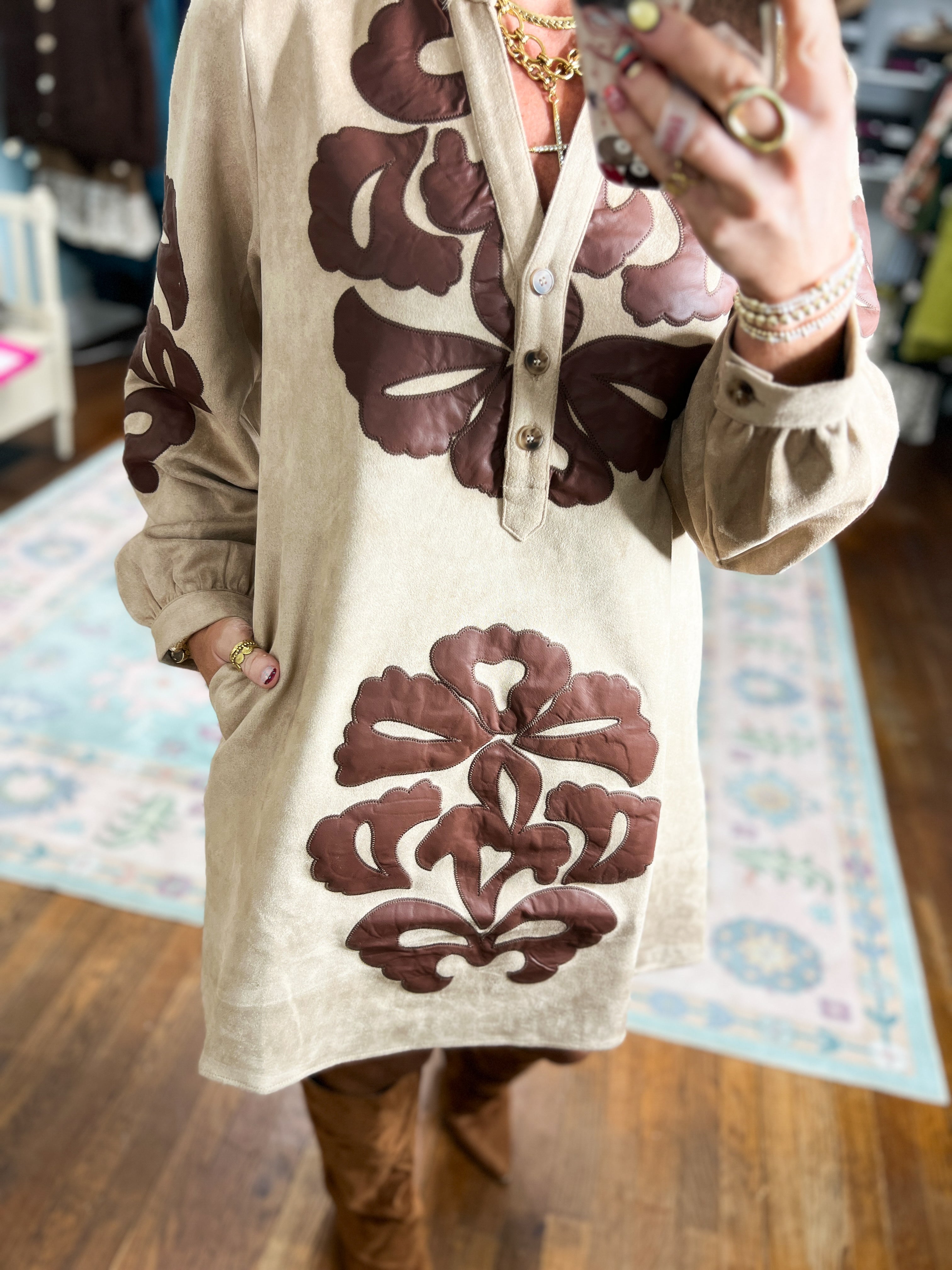Taupe faux leather applique dress with long sleeves and large floral front panel