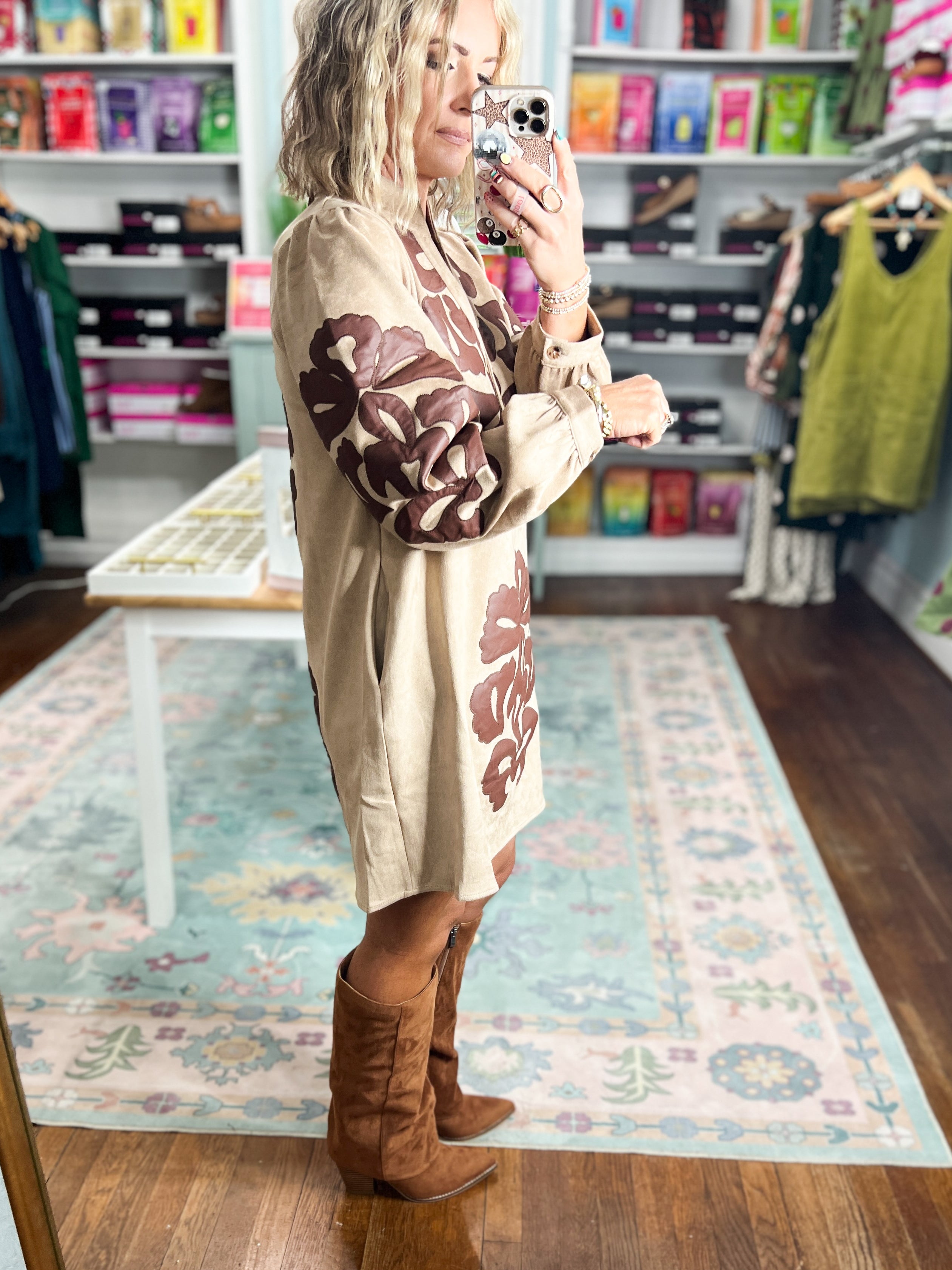 Taupe long-sleeve applique dress with floral motif, button placket, and cuff detail