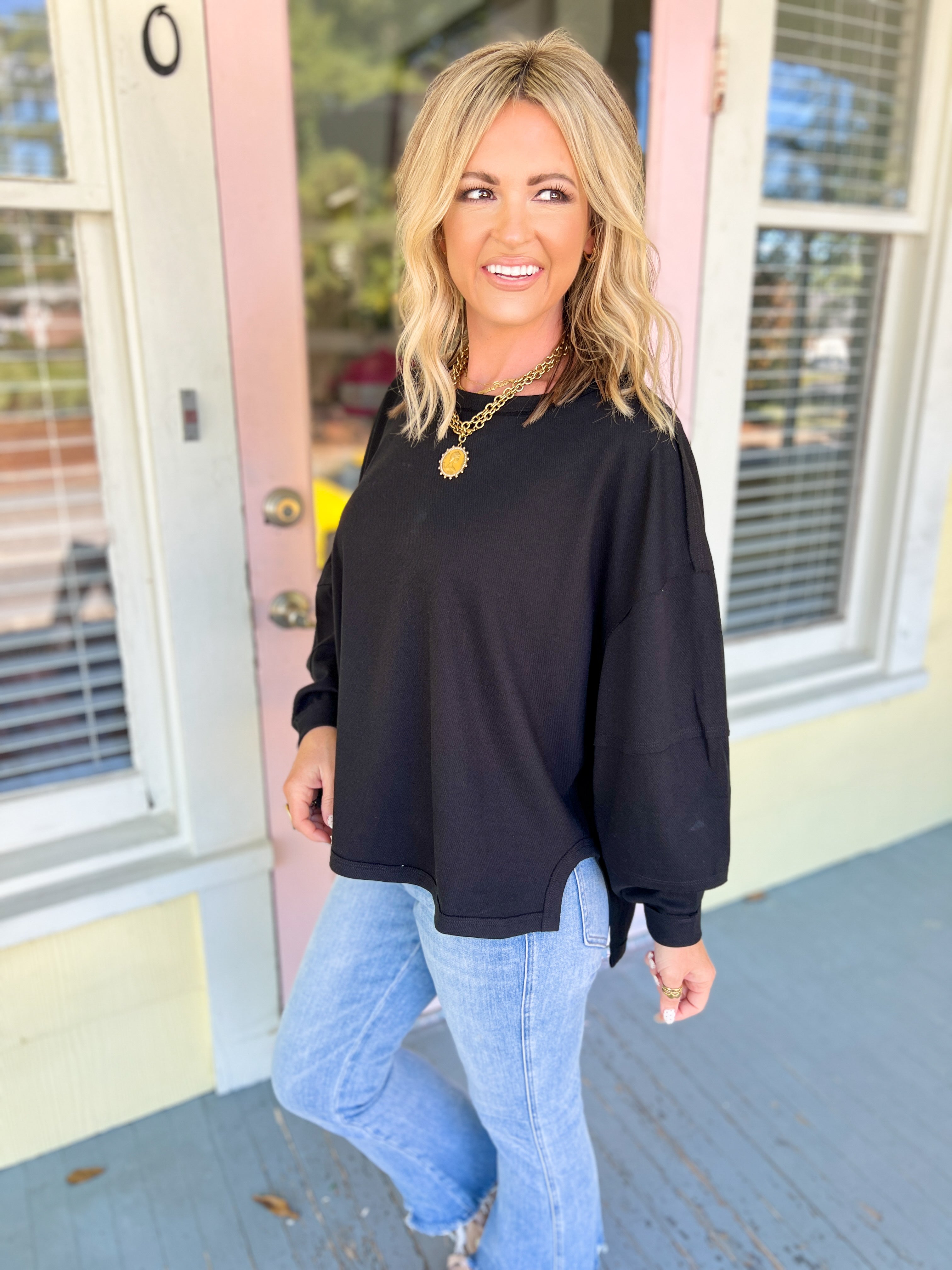 Textured Cotton Relaxed Fit Top - Black