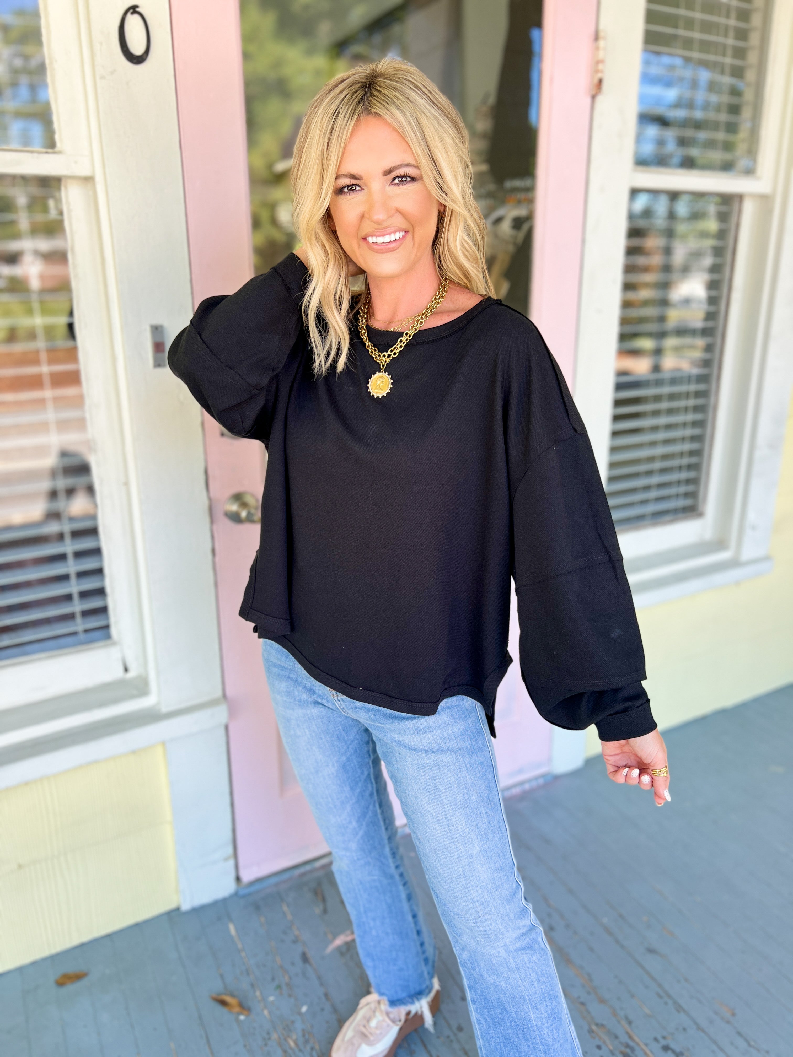 Textured Cotton Relaxed Fit Top - Black