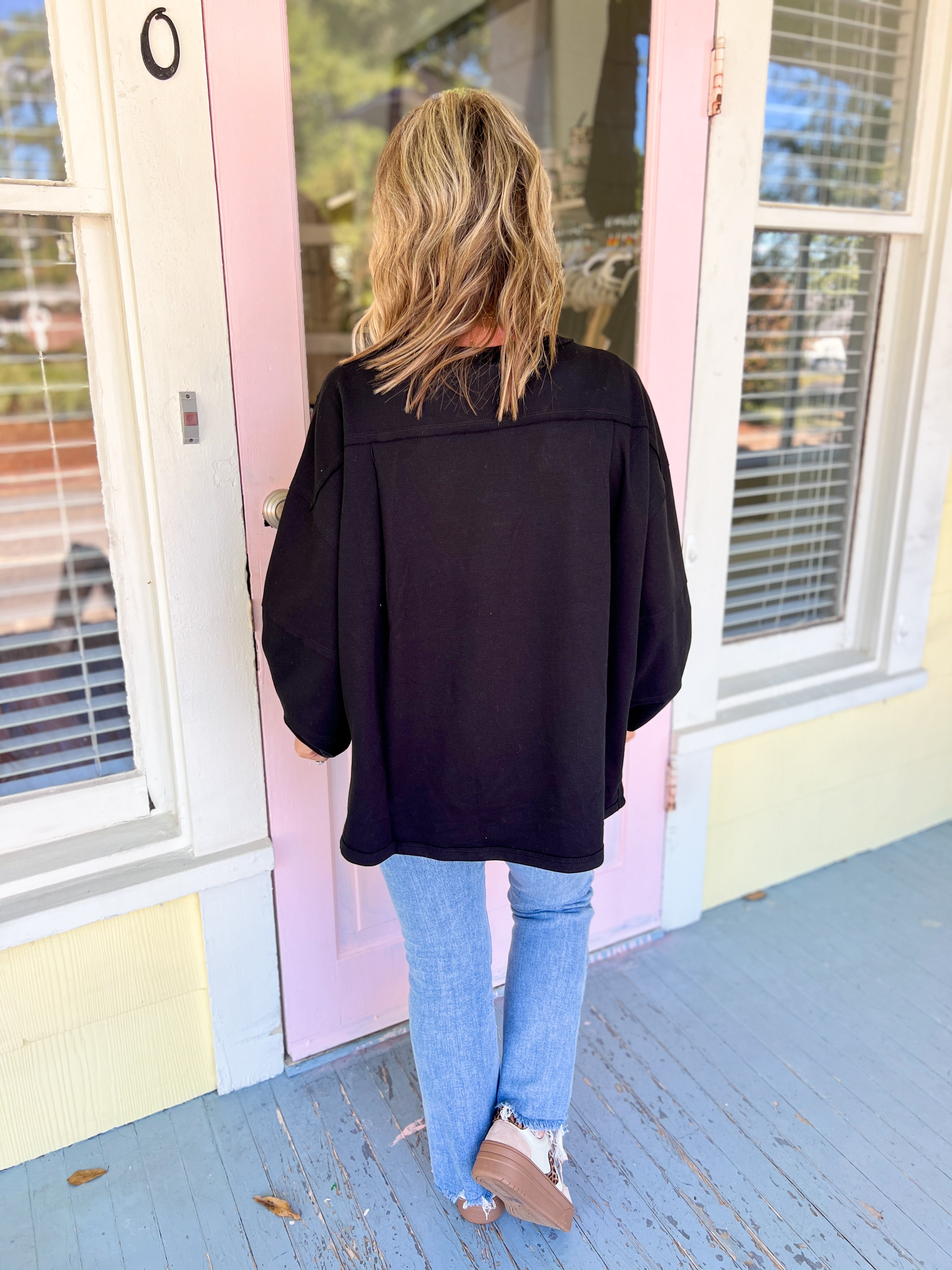 Textured Cotton Relaxed Fit Top - Black