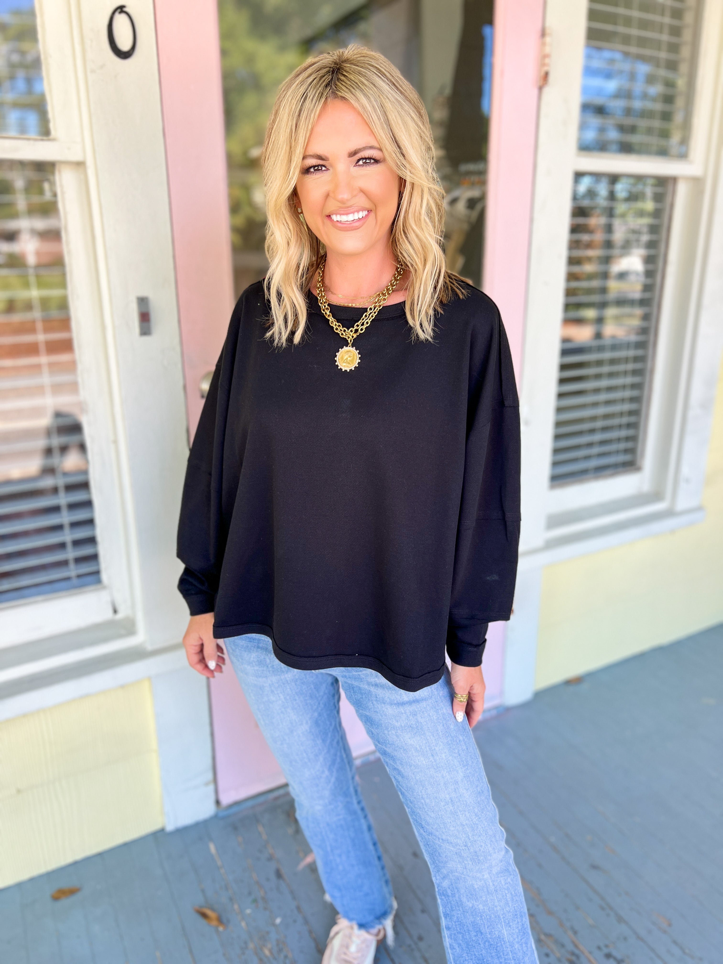 Textured Cotton Relaxed Fit Top - Black