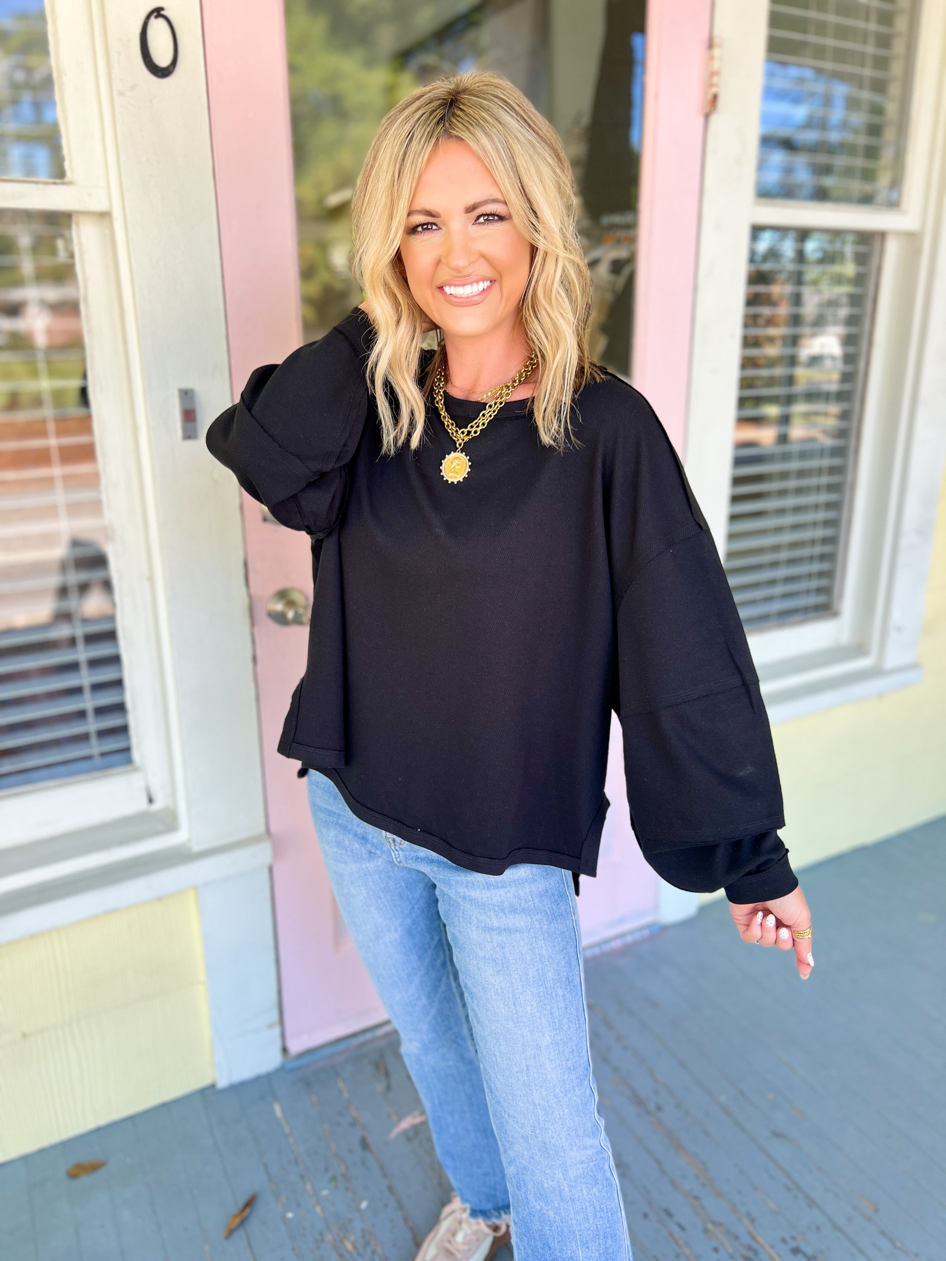 Textured Cotton Relaxed Fit Top - Black