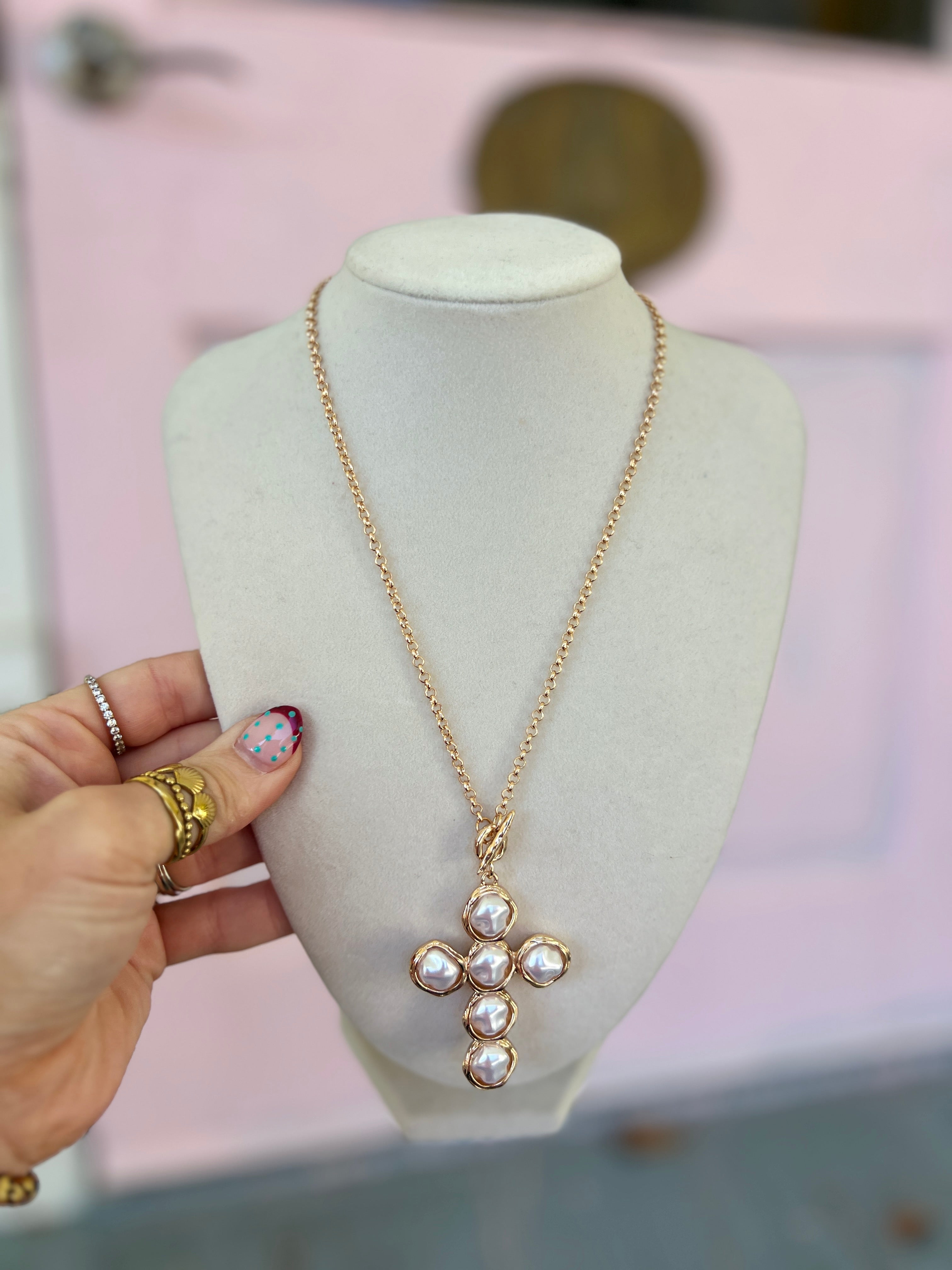 Cross Pearl Necklace - Cream