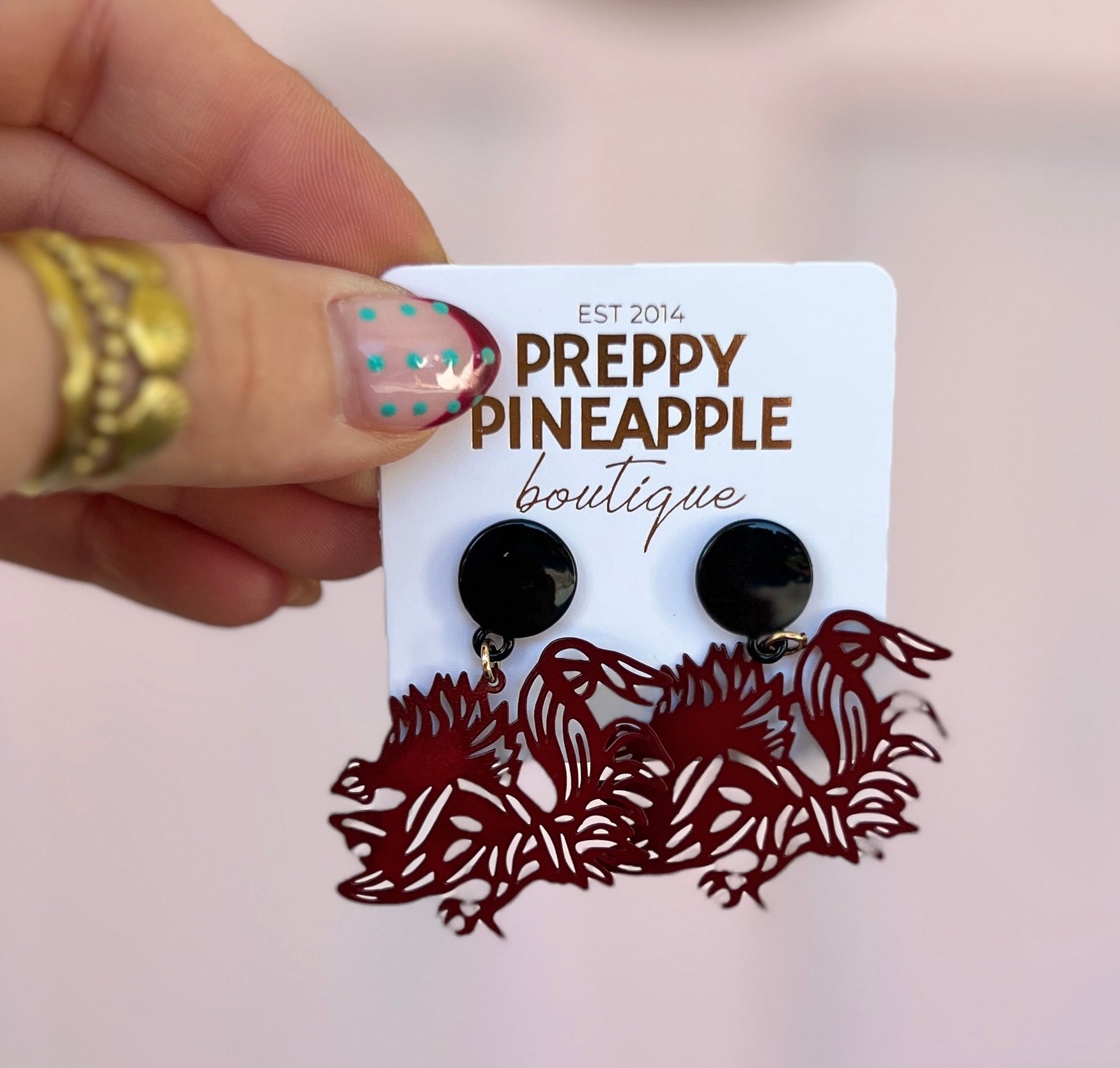 Filigree Gamecock Earrings - Burgundy/Black