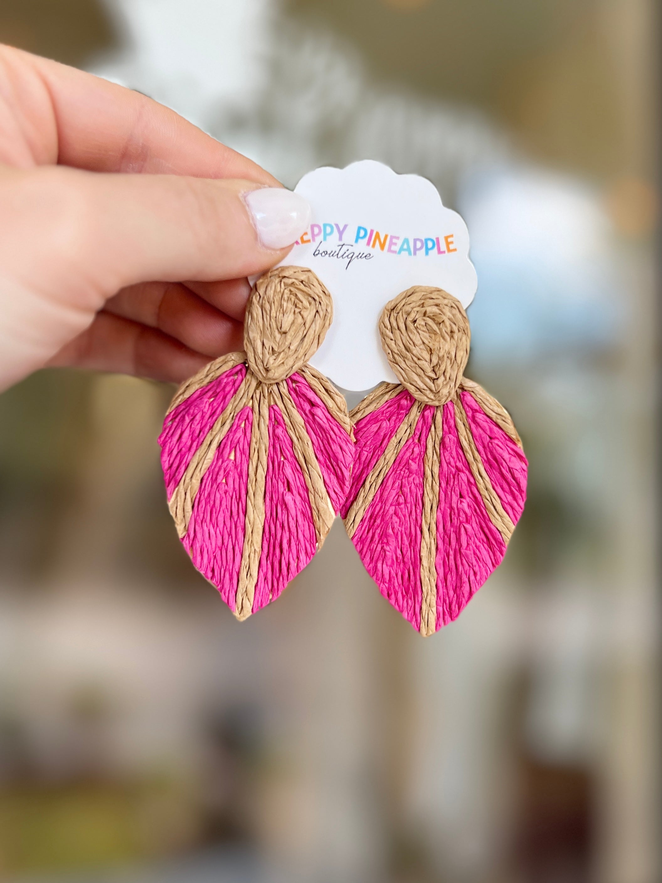 Wrapped Raffia Leaf Earrings - Fuchsia