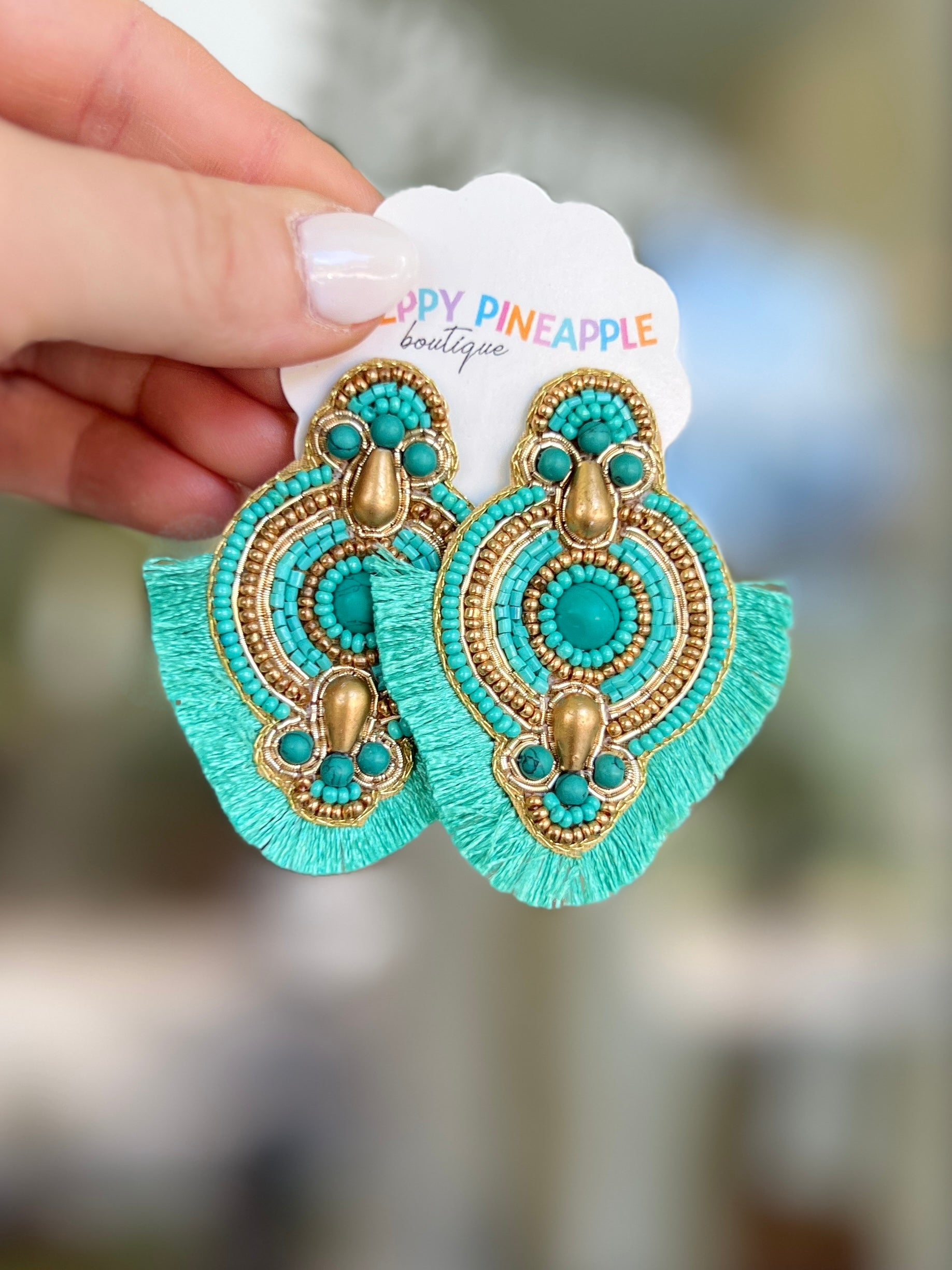 Beaded Round Earrings - Teal