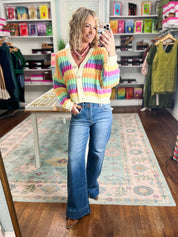 Rainbow striped knit cardigan with button front and V-neck, long sleeves