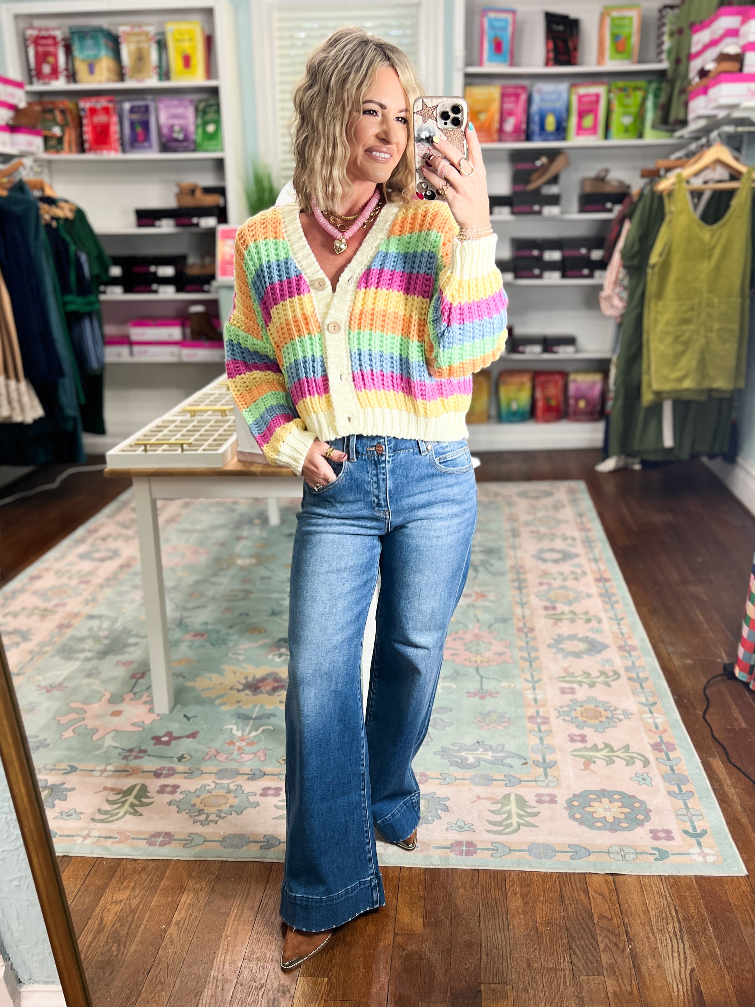 Rainbow striped knit cardigan with button front and V-neck, long sleeves