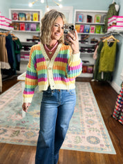 Rainbow striped knit cardigan with button front and V-neck, long sleeves