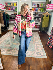 Multicolor striped knit cardigan with open front and long sleeves