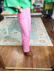 Pink gingham plaid straight-leg pants with front center crease and ankle length