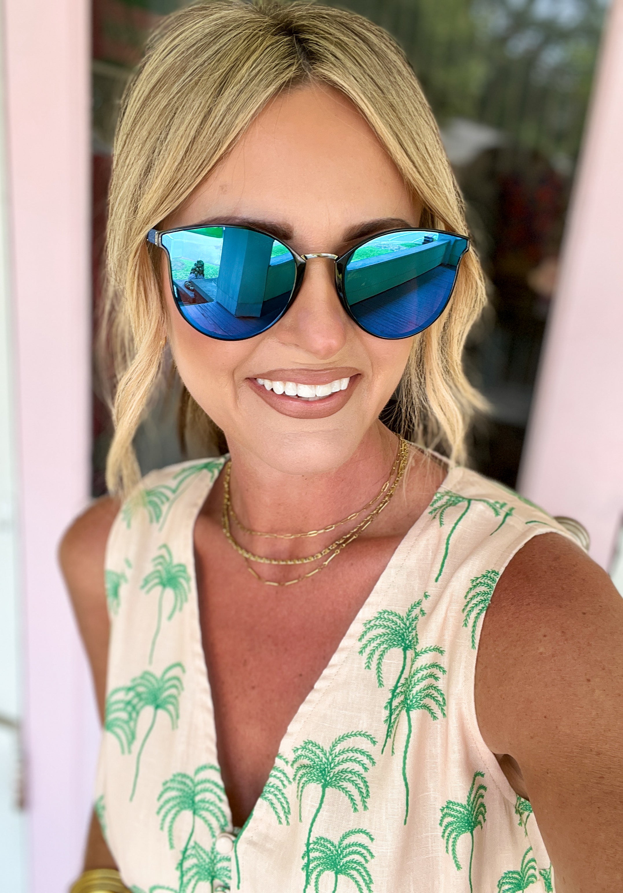 Round Glitter Arm Sunglasses-Black with Blue Lens