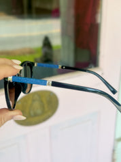 Round Glitter Arm Sunglasses-Black with Blue Lens