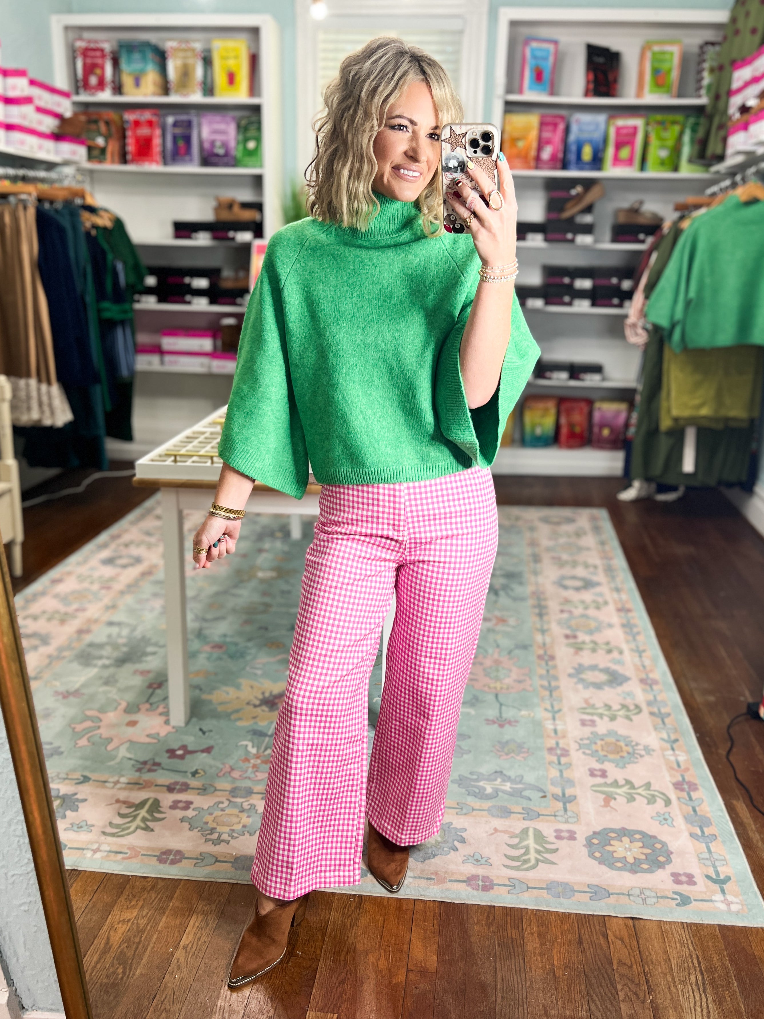 Pink gingham plaid high-waist wide-leg pants with front center crease