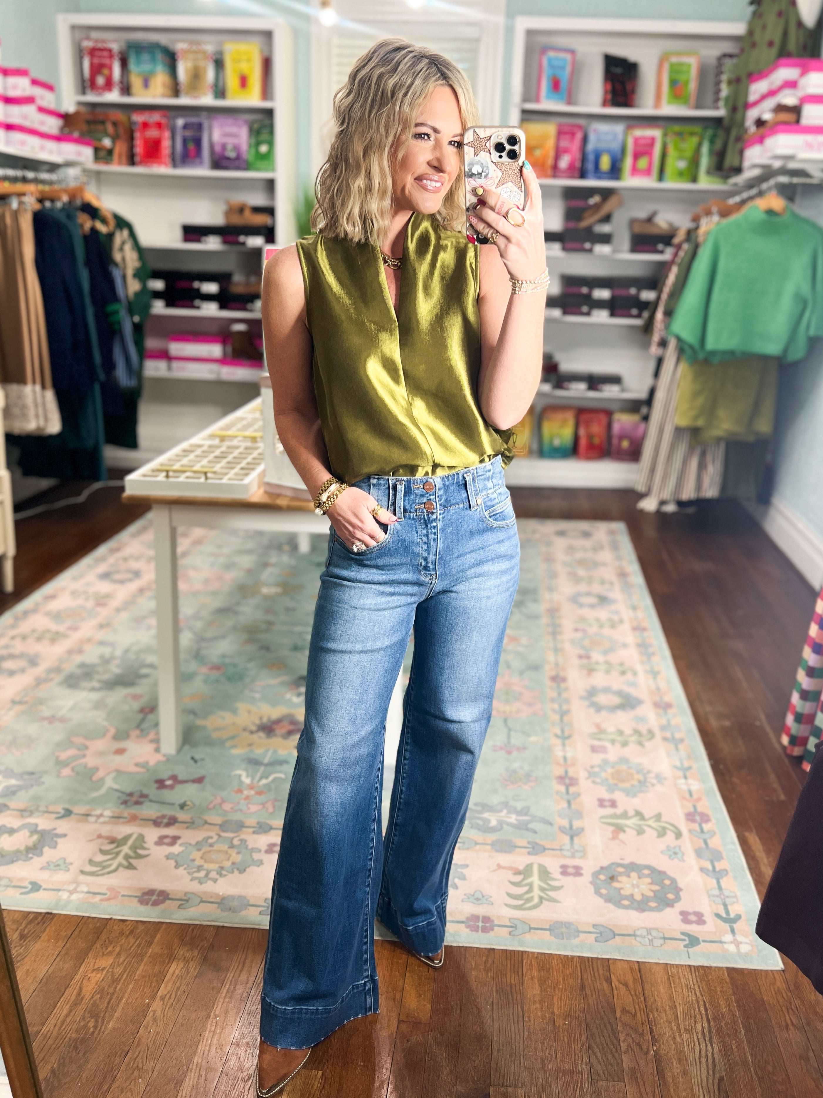 Olive sleeveless satin top with scoop neckline