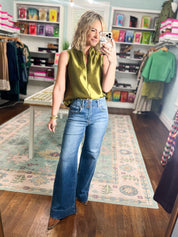 Olive sleeveless satin top with draped front and scoop neckline