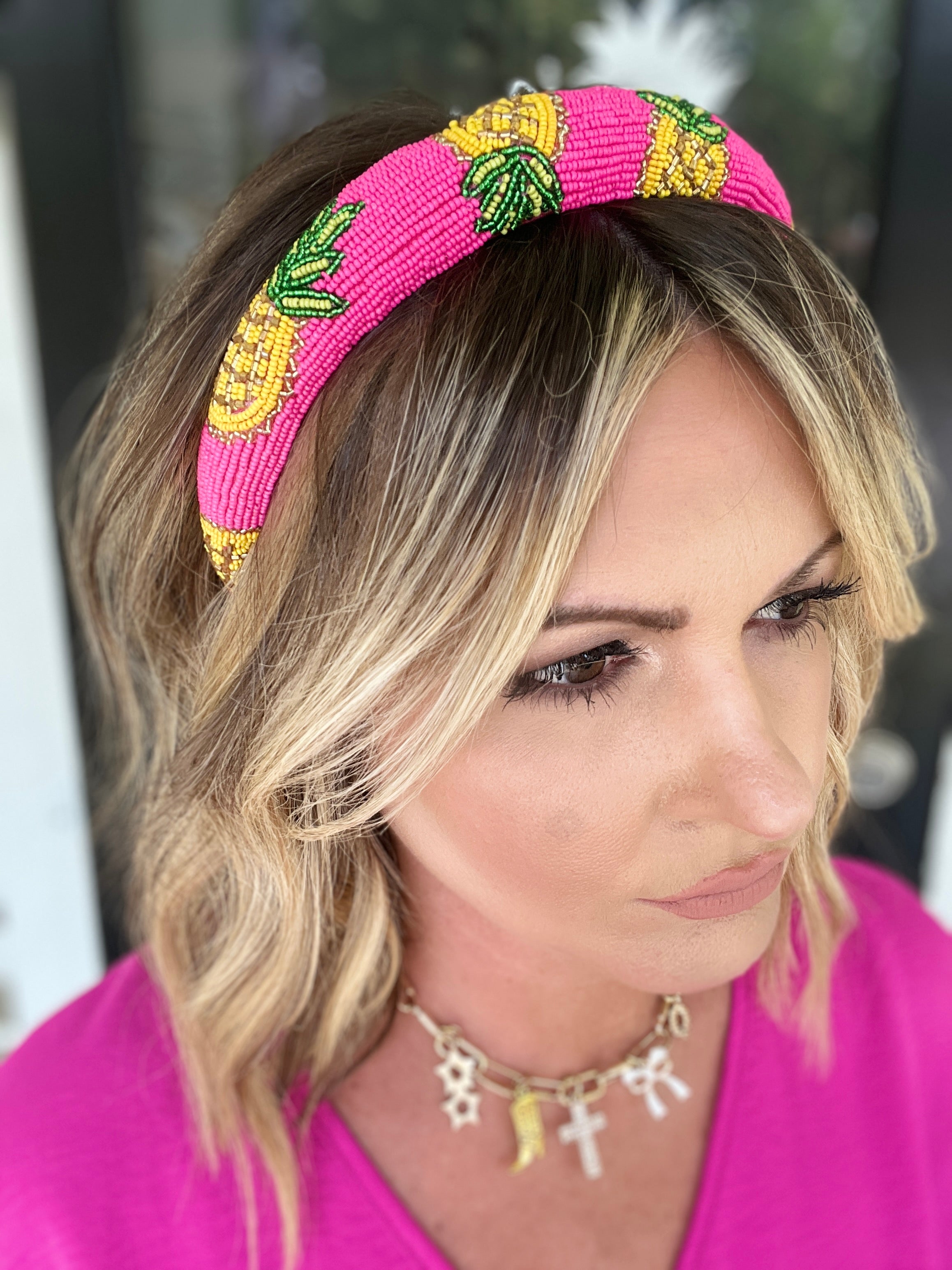 Beaded Pineapple Headband - Fuchsia