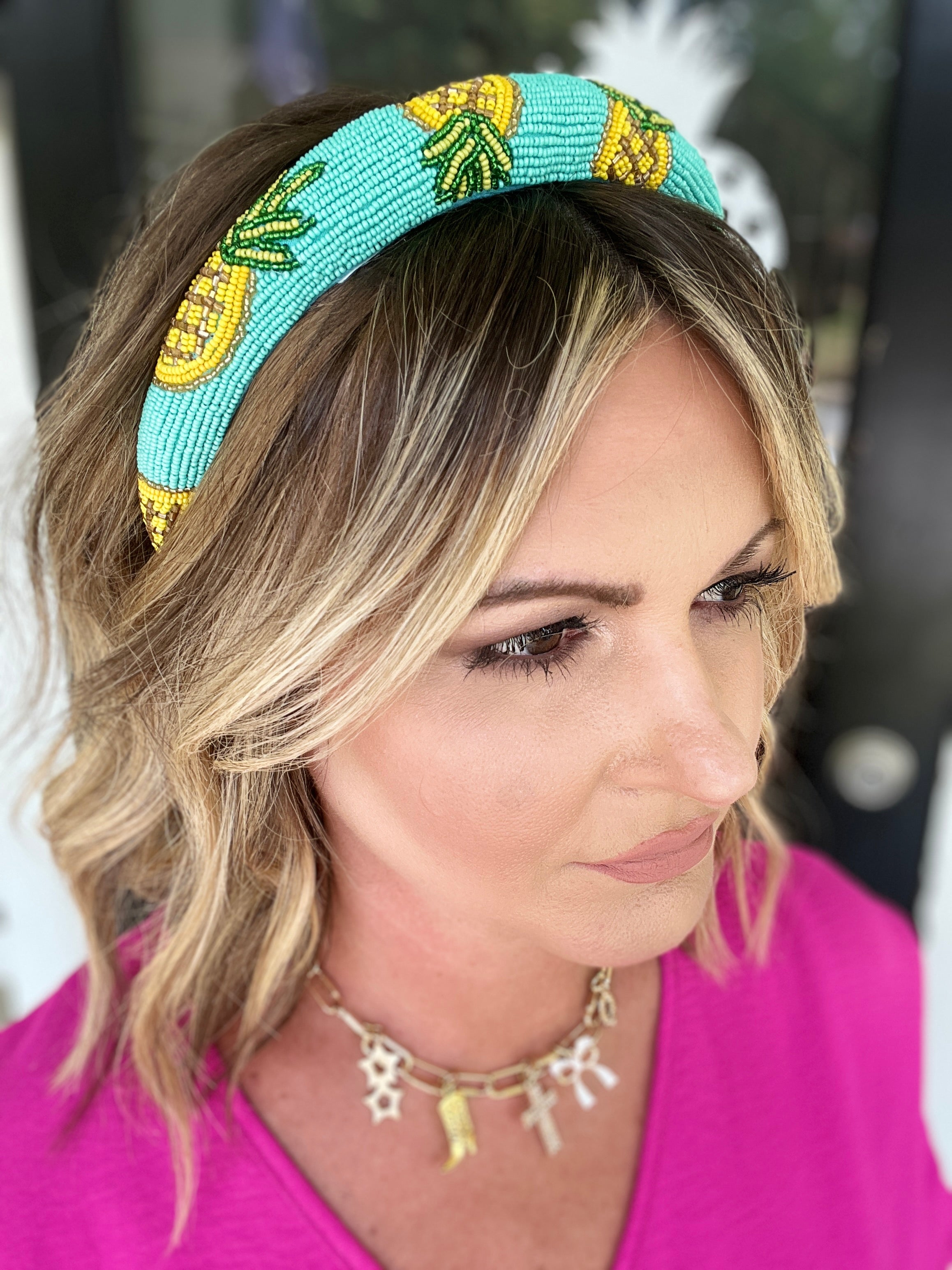 Beaded Pineapple Headband - Turquoise