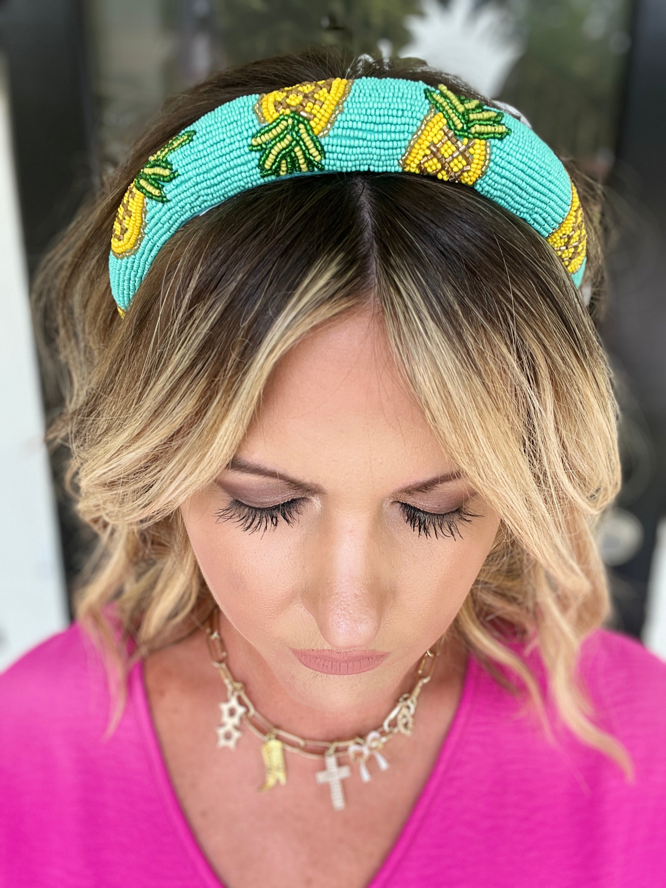 Beaded Pineapple Headband - Turquoise