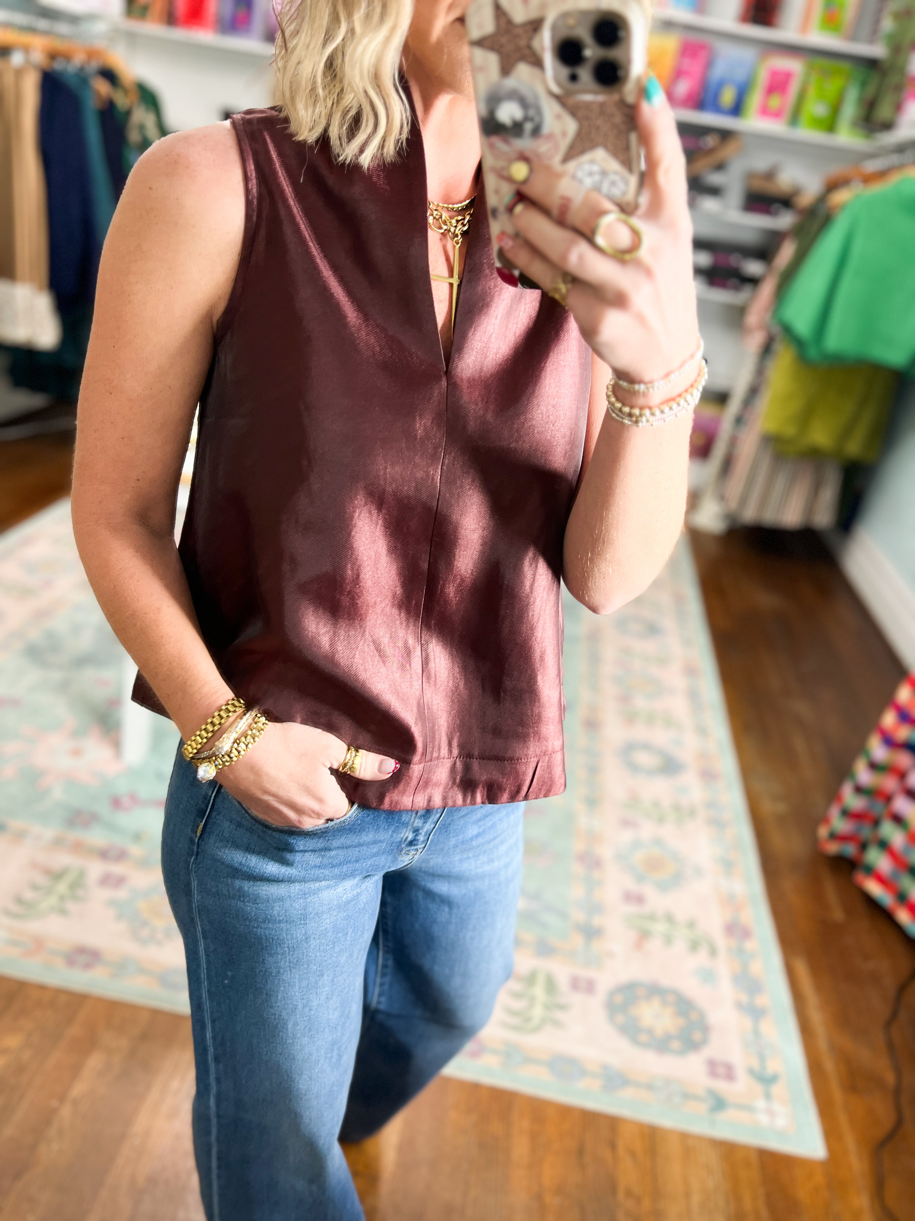 Burgundy satin-look sleeveless V-neck top, sleeveless cut