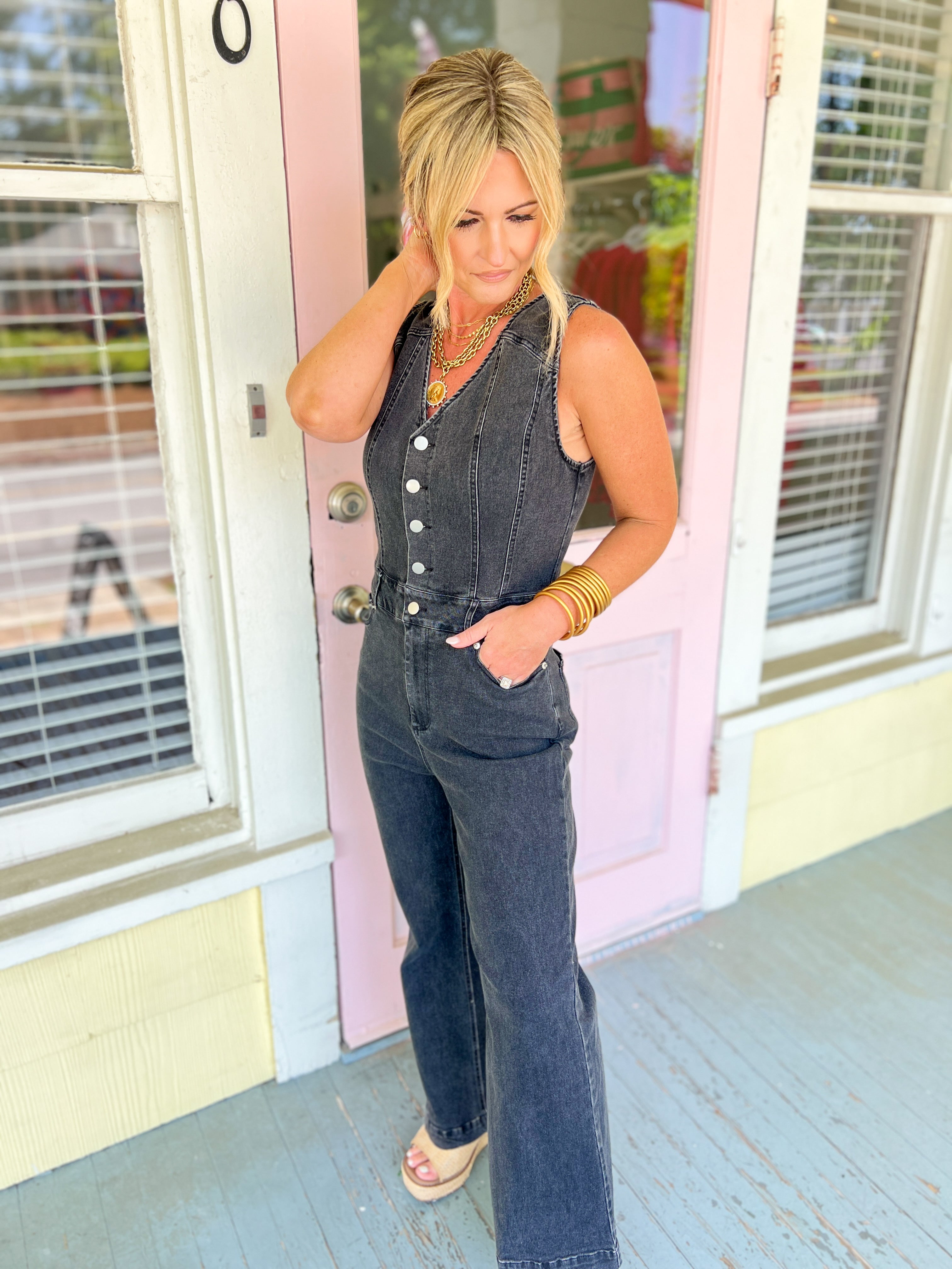Get Your Groove On Denim Jumpsuit - Black Denim