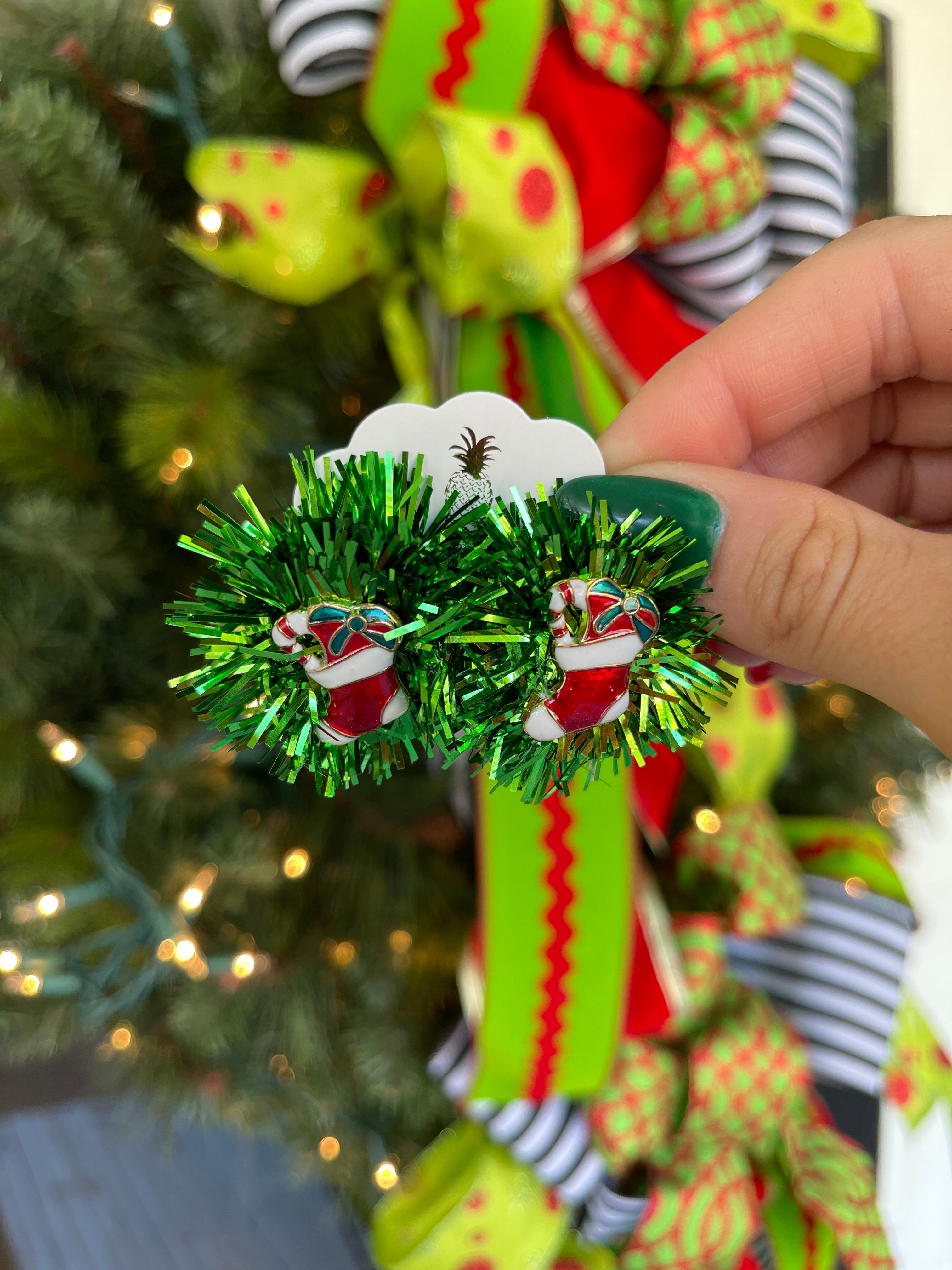 Epoxy Christmas Stocking Tinsel Earrings