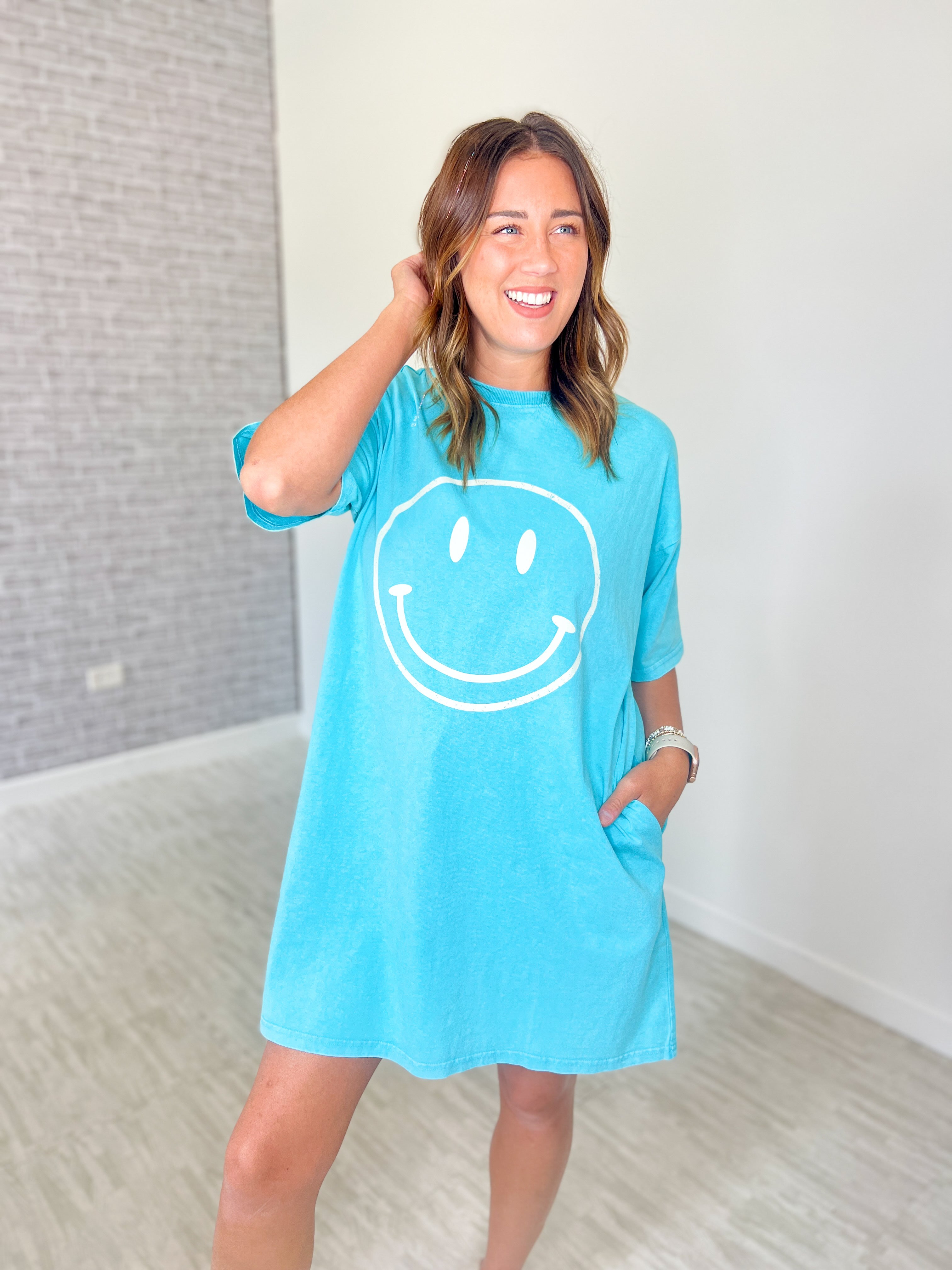 A Reason To Smile T-Shirt Dress - Turquoise Blue