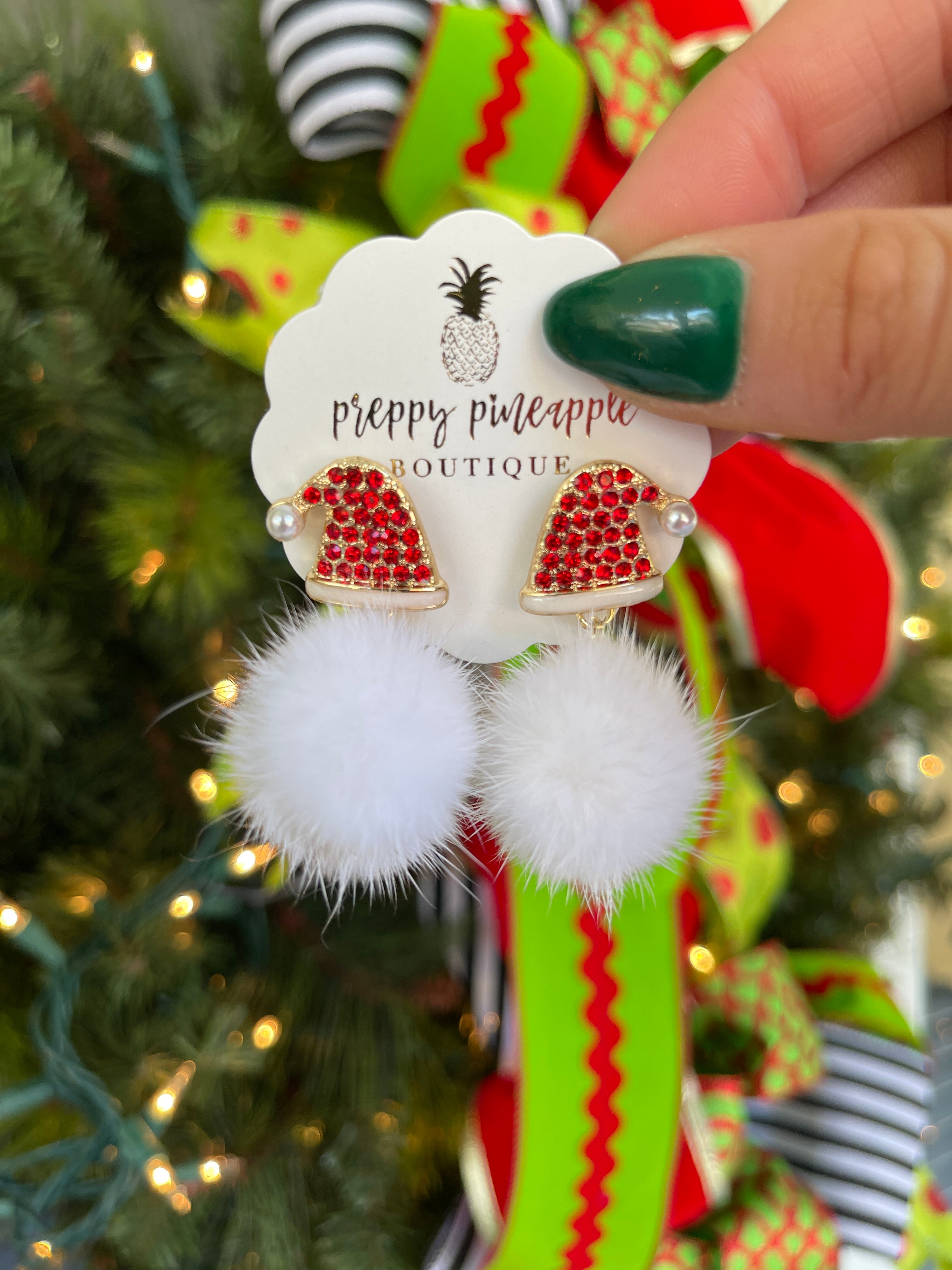 Pave Santa Hat & Pom Pom Earrings