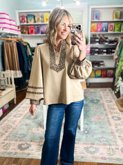 Reach Out Leopard Accent Solid Top - Beige