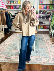 Reach Out Leopard Accent Solid Top - Beige