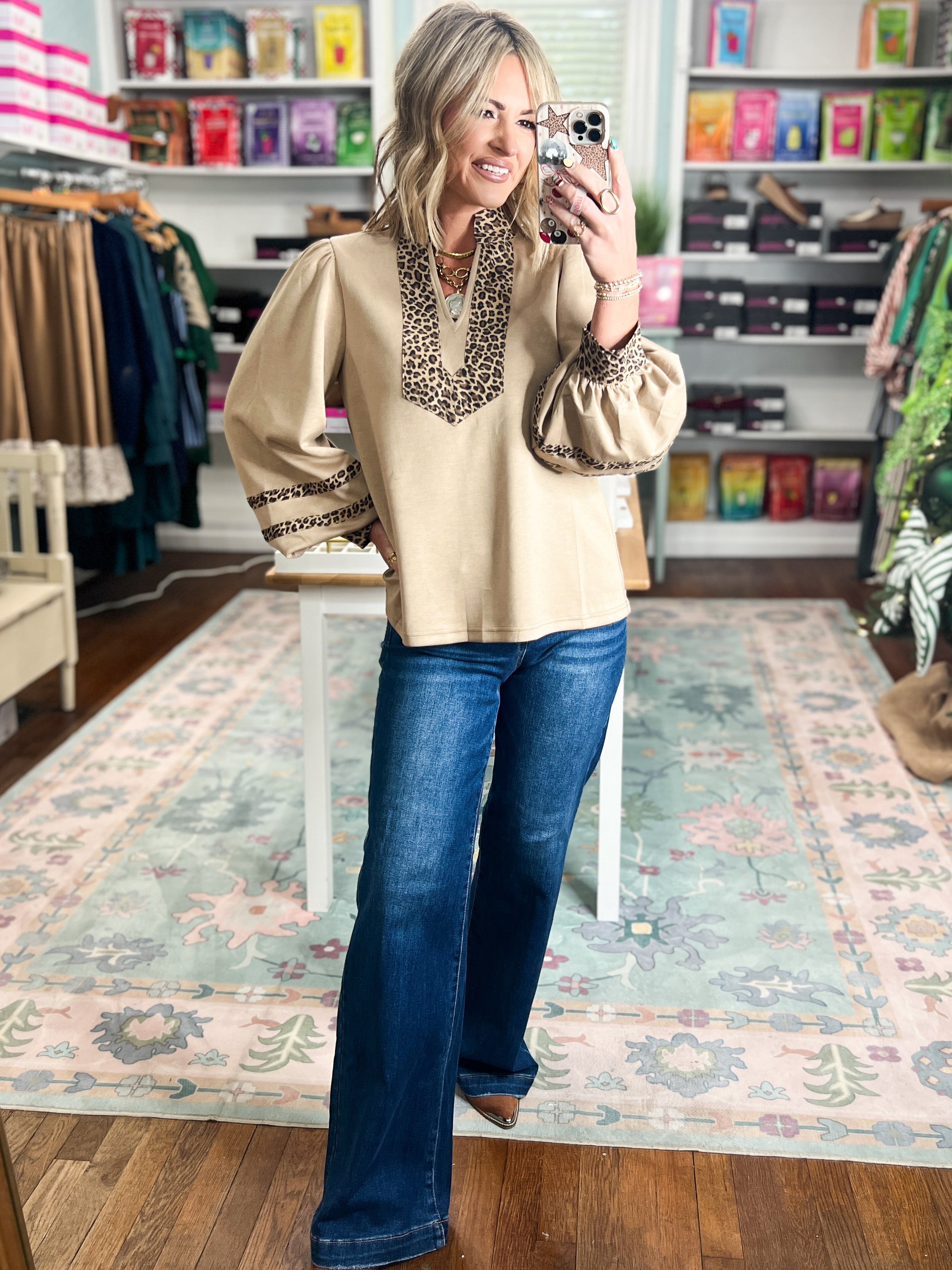 Reach Out Leopard Accent Solid Top - Beige