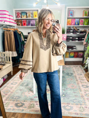 Reach Out Leopard Accent Solid Top - Beige
