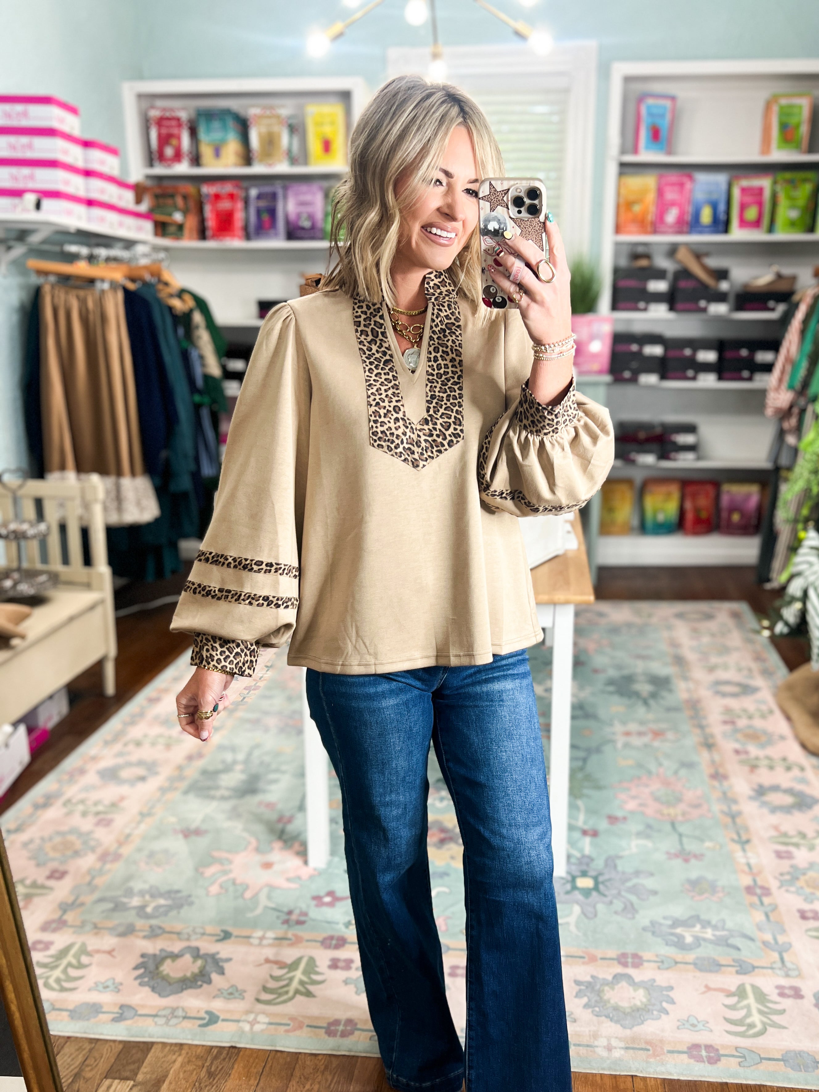 Reach Out Leopard Accent Solid Top - Beige