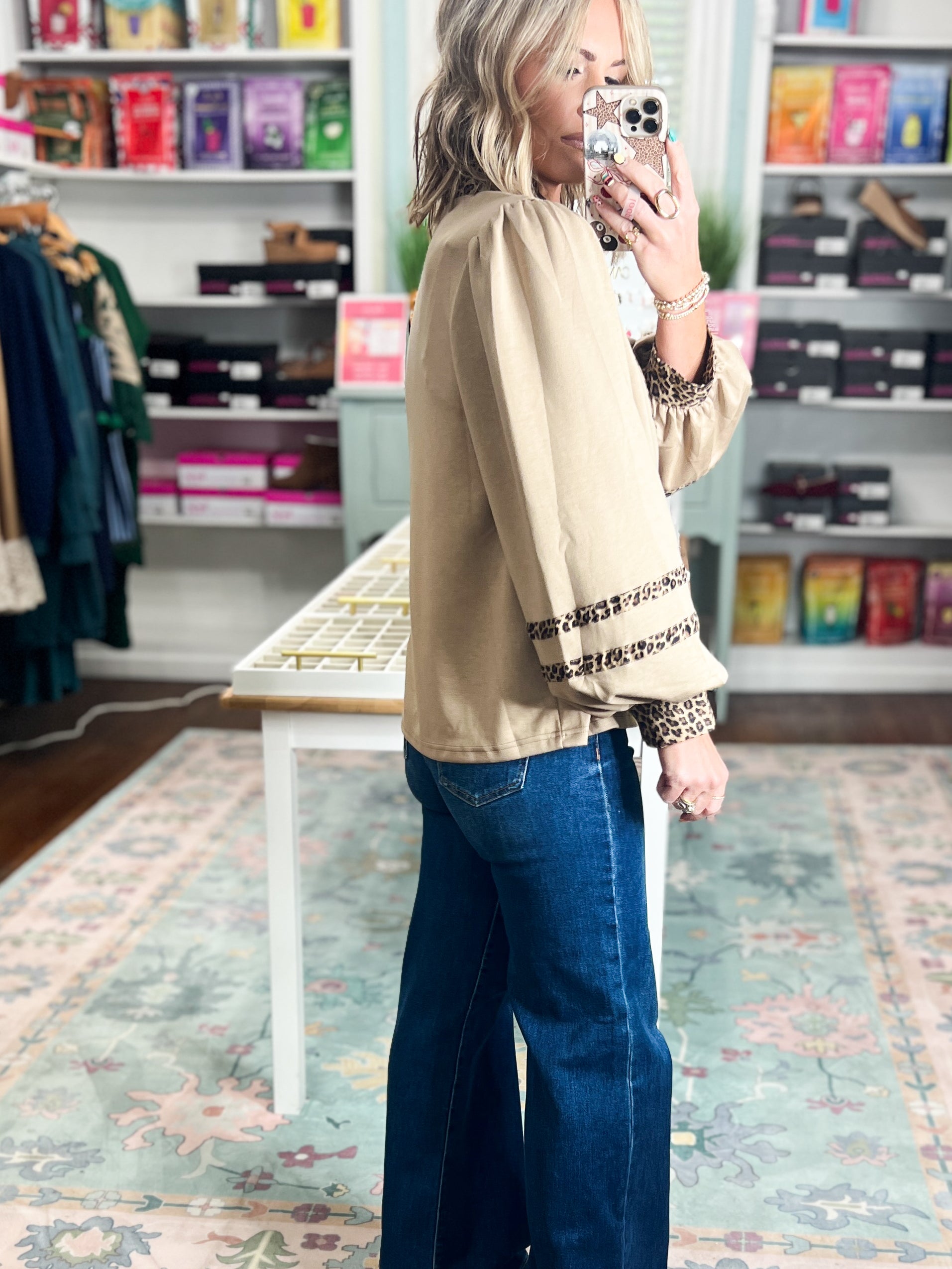 Reach Out Leopard Accent Solid Top - Beige