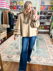Reach Out Leopard Accent Solid Top - Beige