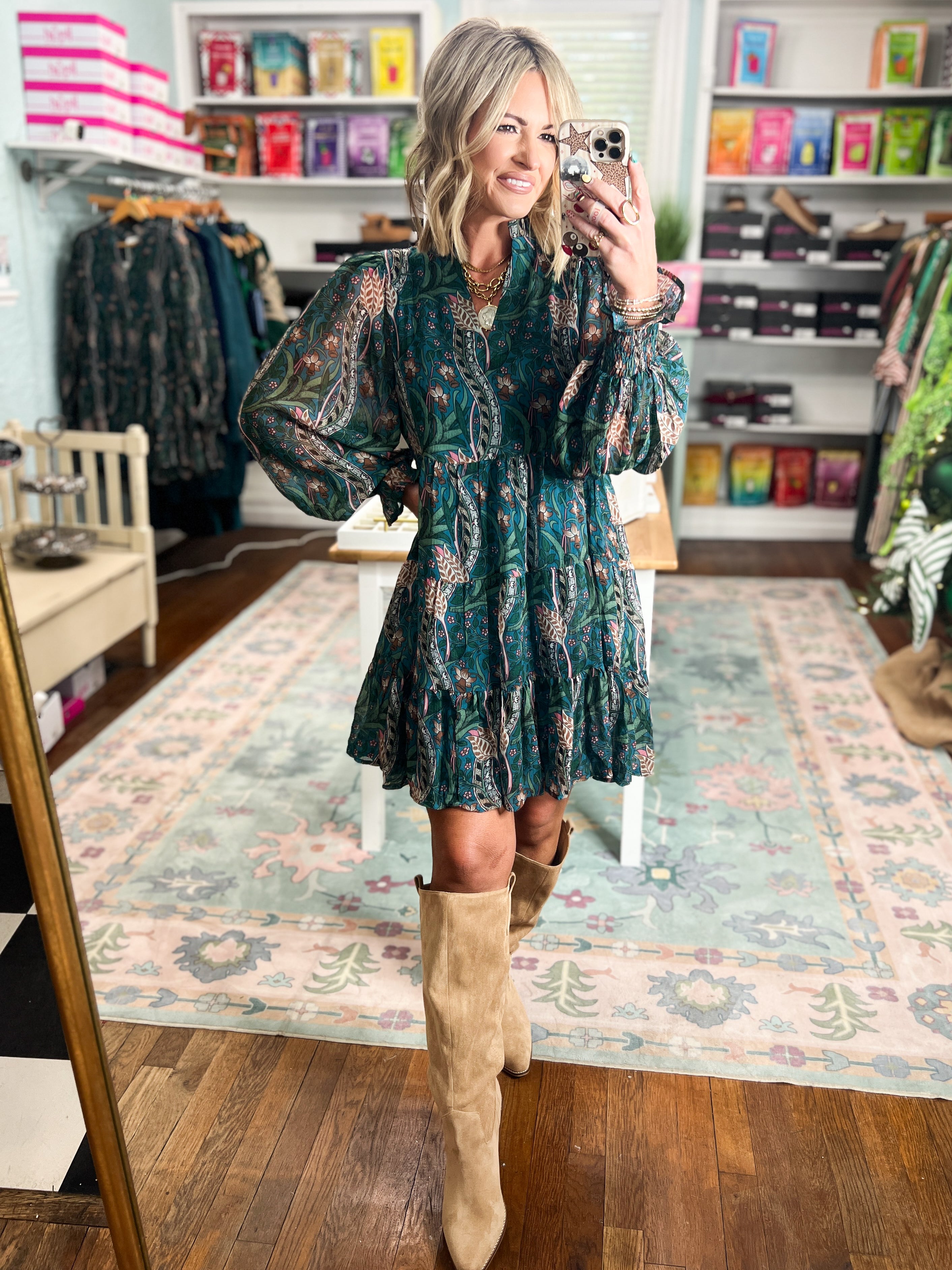 Consider it a Compliment Boho Floral Tiered Dress - Teal Multi