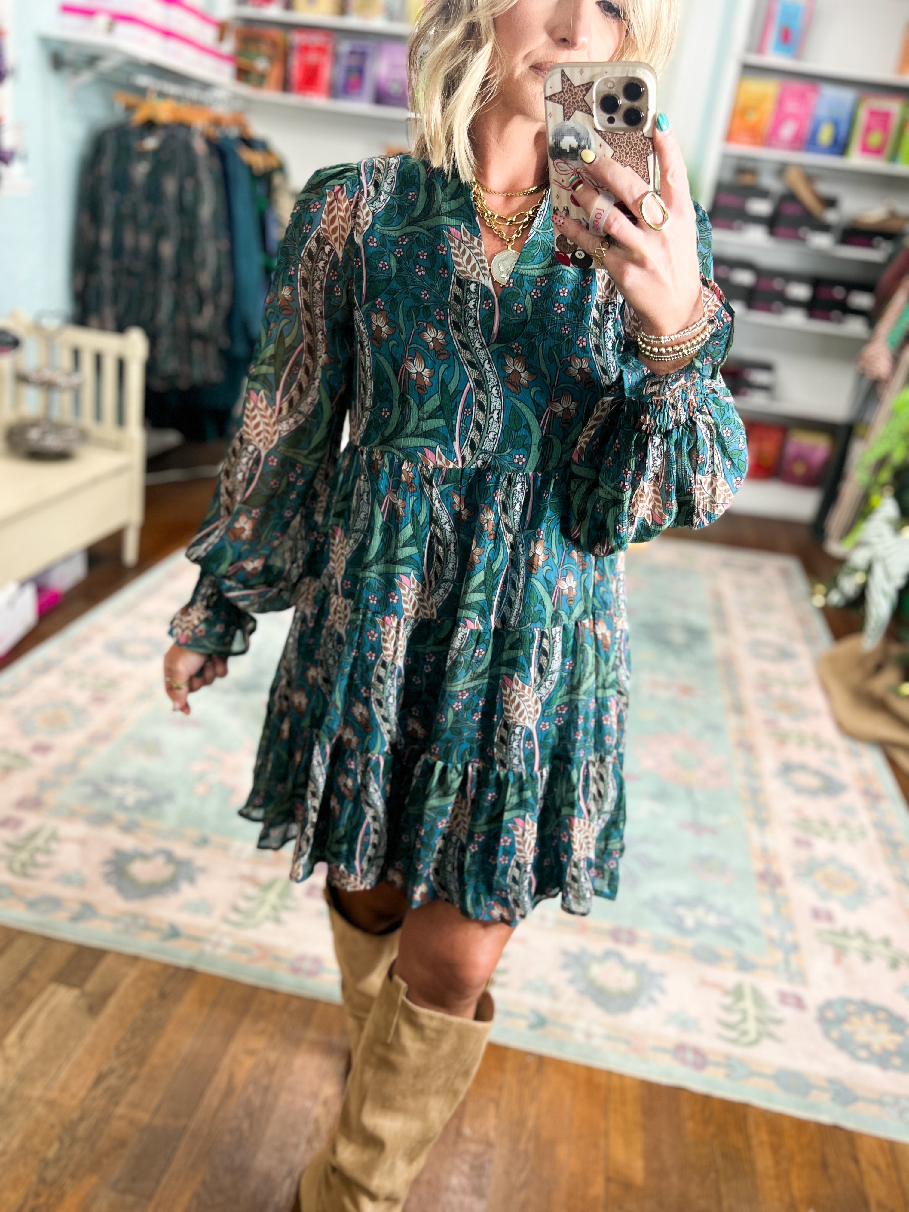 Consider it a Compliment Boho Floral Tiered Dress - Teal Multi