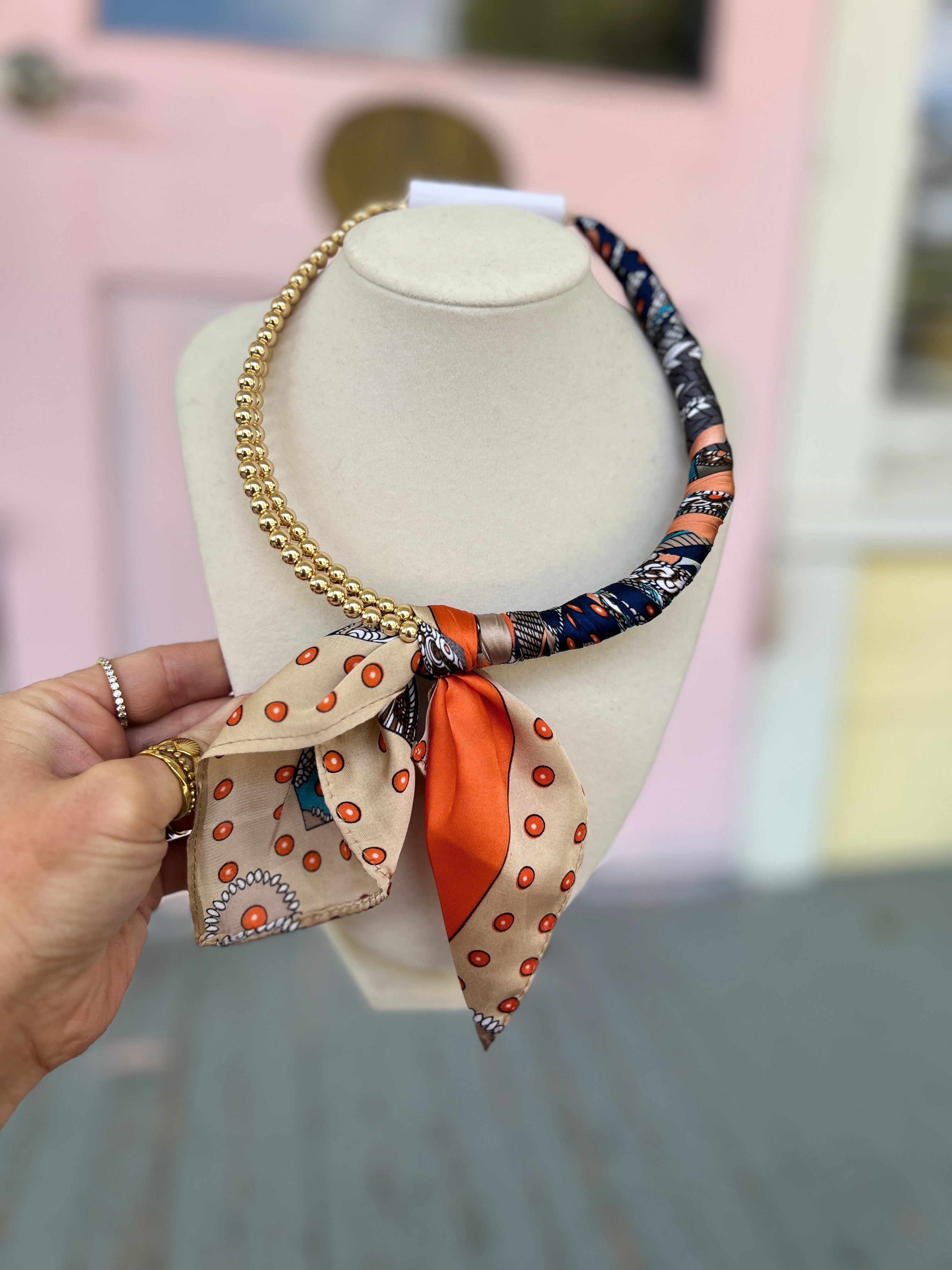Scarf Wrapped Collar Necklace- Orange/Navy