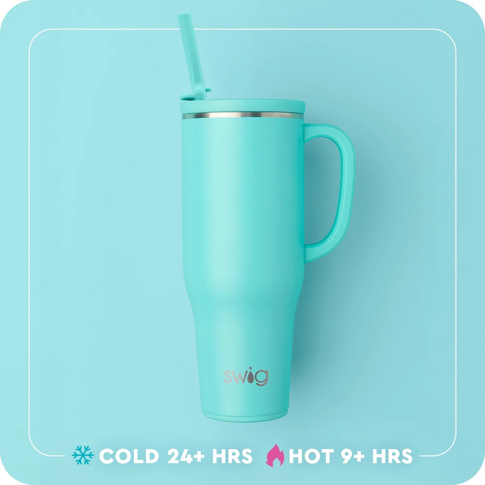 40 oz insulated travel mug in light teal with straw; 'cold 24+ hrs' and 'hot 9+ hrs' icons.