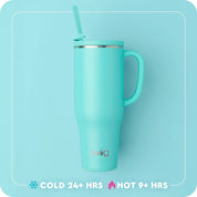 40 oz insulated travel mug in light teal with straw; 'cold 24+ hrs' and 'hot 9+ hrs' icons.