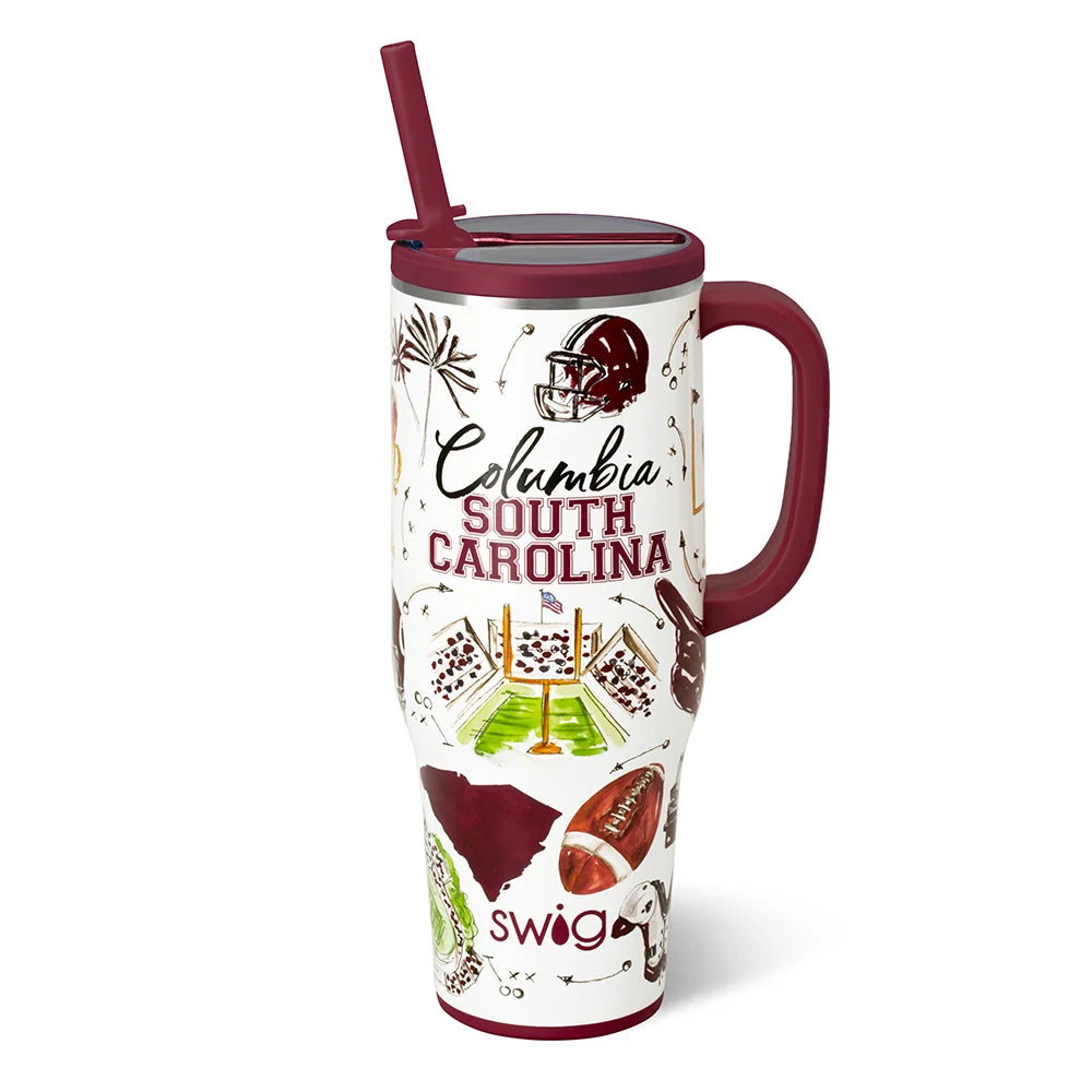 Swig 40 oz mega mug with maroon straw, Columbia South Carolina graphic, side handle