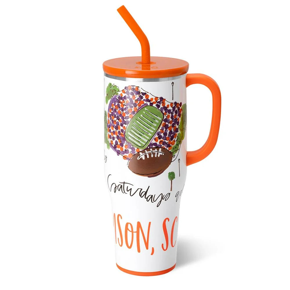 40 oz insulated travel mug with orange lid and straw, Clemson game graphic on white.