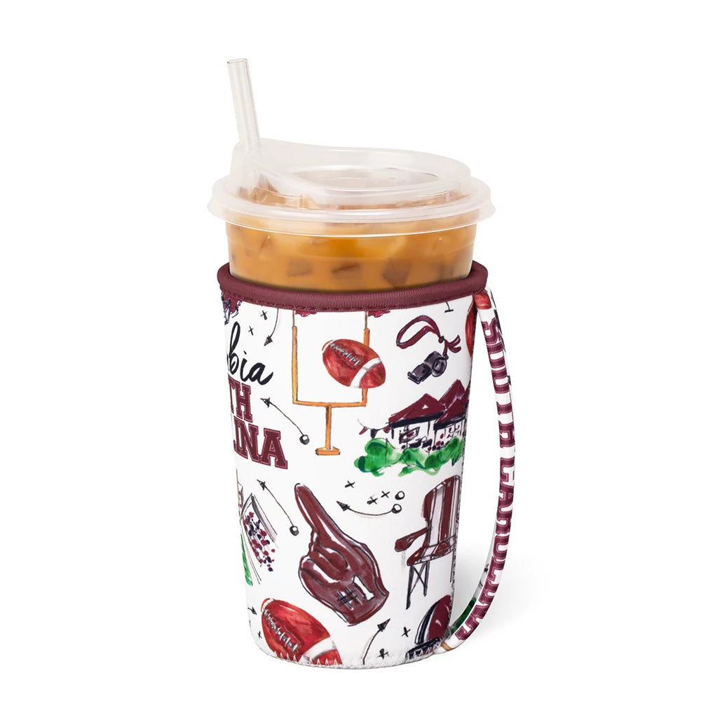 Swig iced cup cooler sleeve, white with maroon trim and tailgate graphics