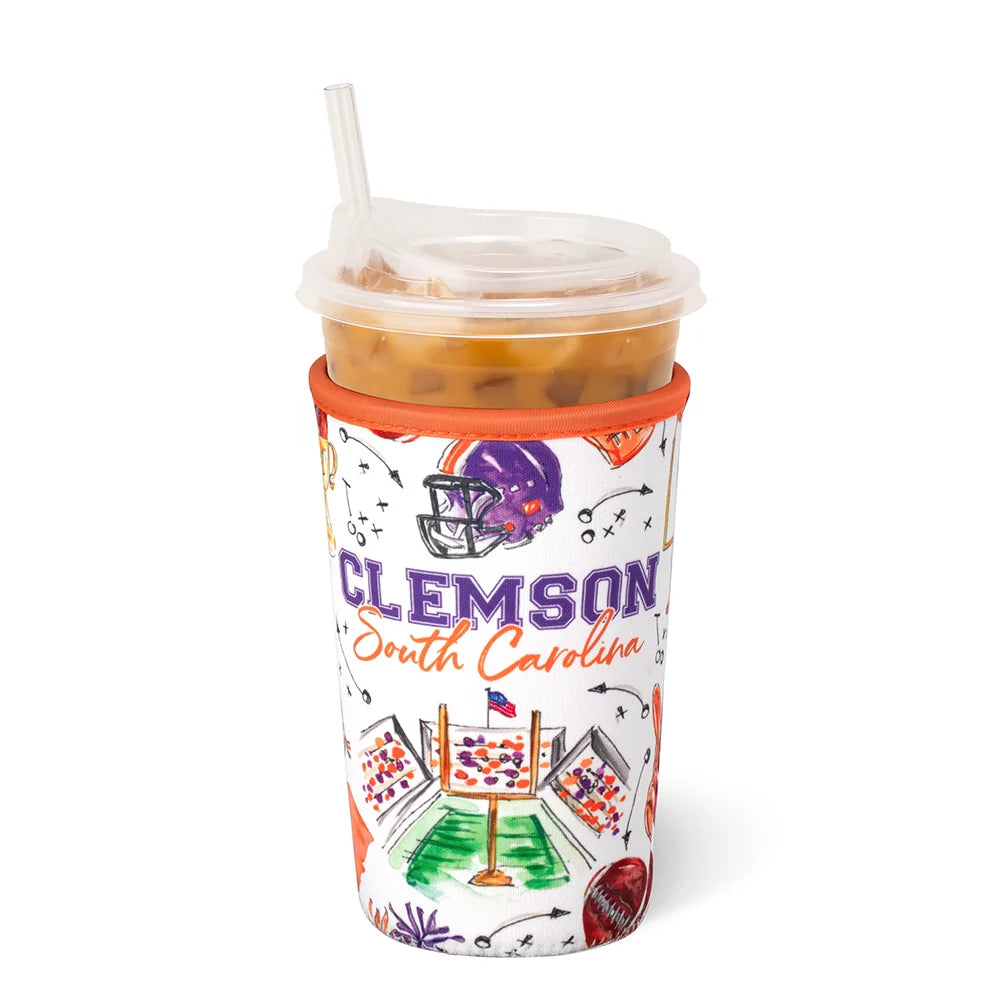 Swig iced cup coolie sleeve with Clemson graphic, orange edge, for iced drinks