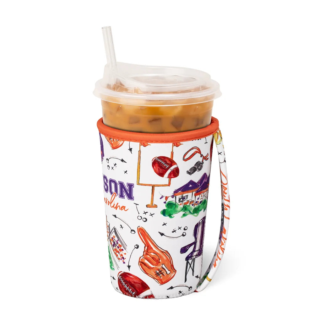 Swig iced cup coolie sleeve with Clemson football-themed design and orange rim