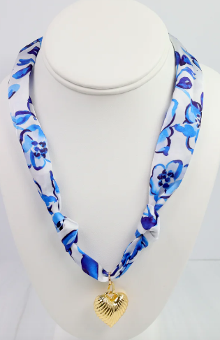 Serafina Scarf Charm Necklace - Blue White Floral