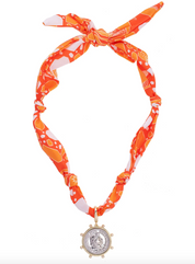 Lydia Studded Coin Scarf Necklace - Orange & White