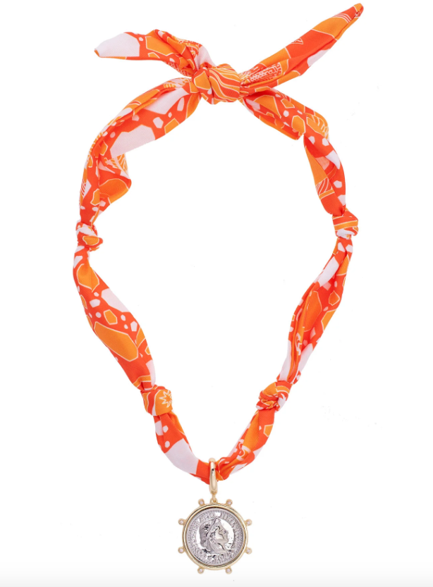 Lydia Studded Coin Scarf Necklace - Orange & White